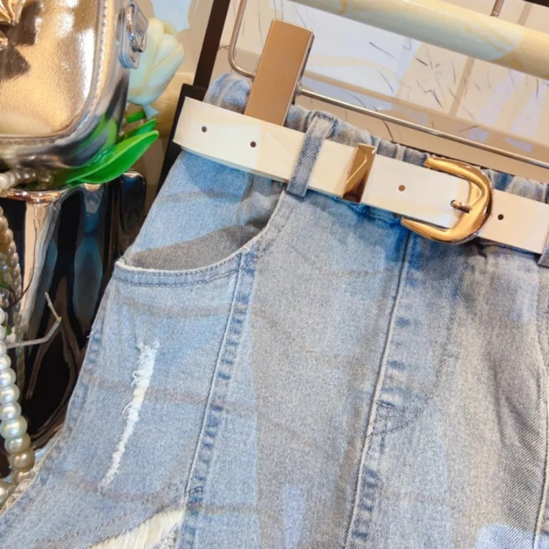 [963104] - One Set 3in1 Baju Setelan Atasan Kaos Lengan Kutung Vest Kutung Denim Bawahan Rok Panjang Fashion Korean Style Anak Perempuan Cewek - Motif Bottom Lace - BABYHOKI STORE