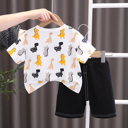 [345416] - Baju Setelan Kaos Lengan Pendek Celana Pendek Anak Laki-Laki Fashion - Motif Fin Dinosaur