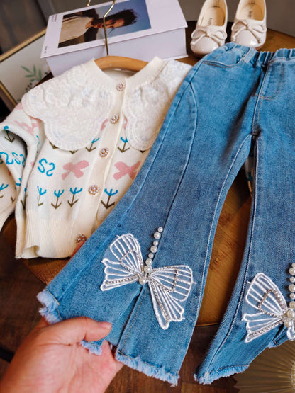 [363742] - Setelan Baju Cardigan Rajut O Neck Celana Panjang Jeans Fashion Anak Perempuan - Motif Ribbon Laces