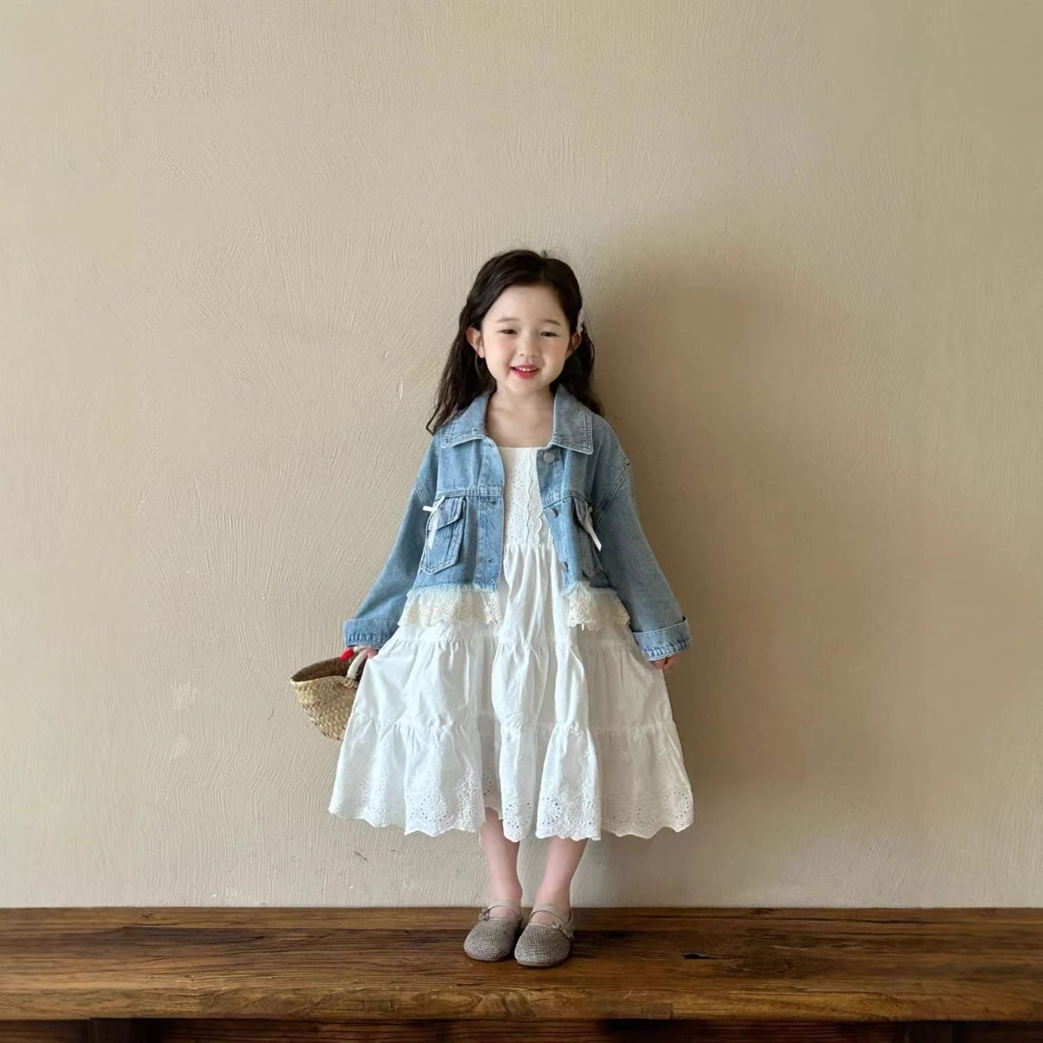 [363959] - One Set 2in1 Baju Setelan Dress Gaun Lengan Kutung Atasan Jaket Denim Lengan Panjang Korean Version Style Anak Cewek Perempuan - Motif Cute Ribbon Lace - BABYHOKI STORE