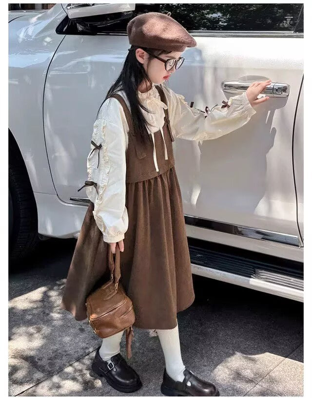 [5071153] - One Set 2in1 Baju Setelan Dress Atasan Blouse Lengan Panjang Korean Version Anak Perempuan Cewek - Motif Cute Bow Sleeves - BABYHOKI STORE