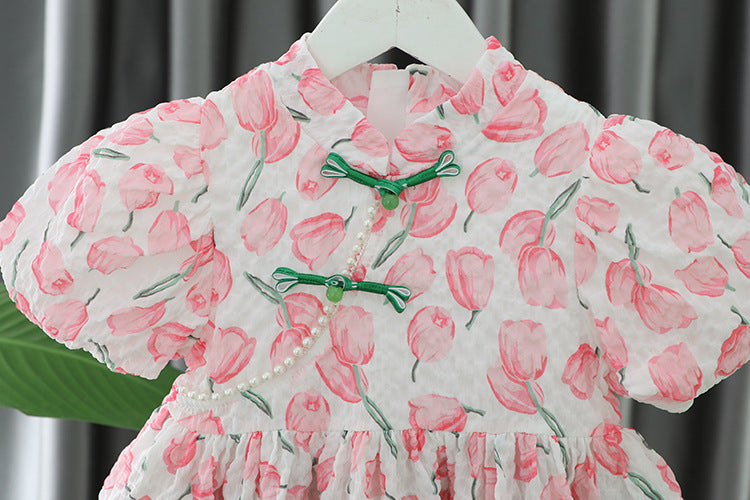 [340386] - Baju Mini Dress Lengan Pendek Balon Fashion Anak Perempuan - Motif Flower Leaf