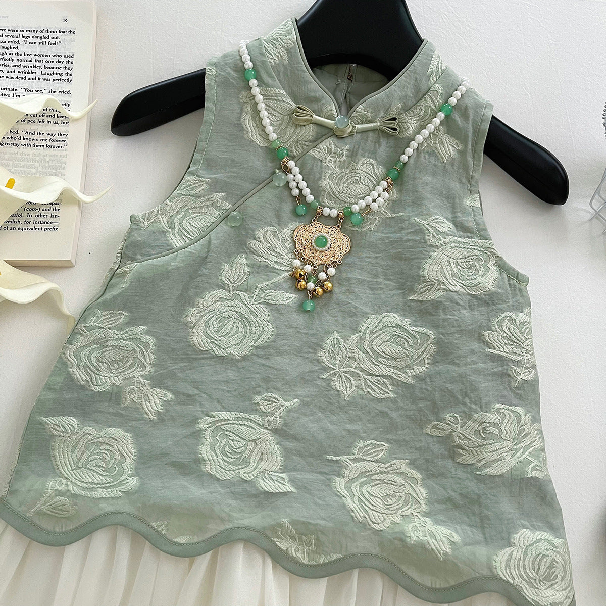 [963179] - Baju Gaun Dress Cheongsam Shanghai Imlek Lengan Kutung Anak Perempuan Cewek - Motif Green Flower - BABYHOKI STORE