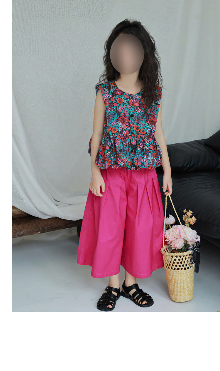 [5071112] - One Set 2in1 Baju Setelan Atasan Purple Lengan Kutung Bawahan Celana Panjang Kulot Fashion Trendi Anak Perempuan Cewek - Motif Floral Top - BABYHOKI STORE