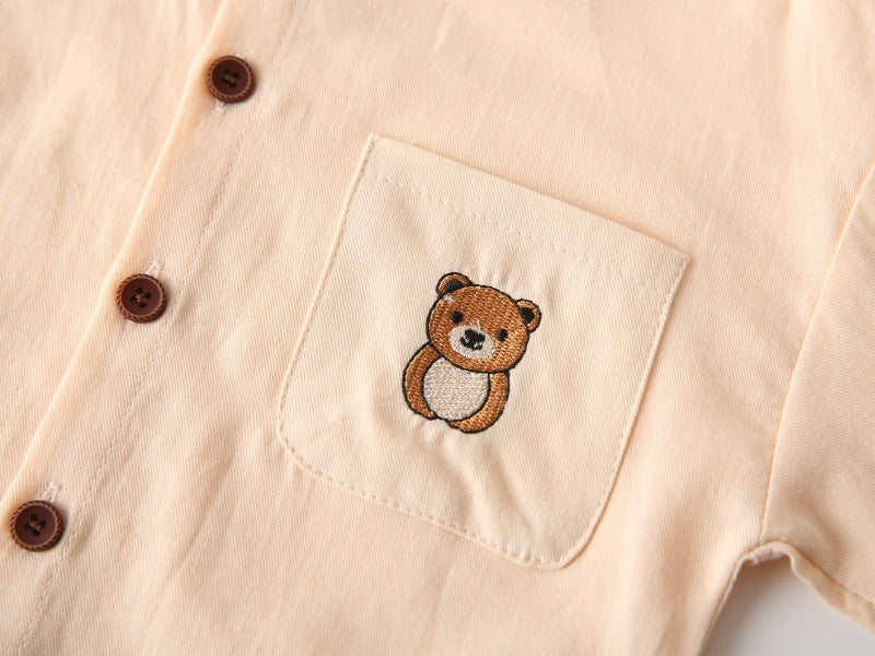 [383217] - Baju Atasan Kemeja Lengan Panjang Anak Laki-Laki Cowok - Motif Bear Pocket Collar  - BABYHOKI STORE