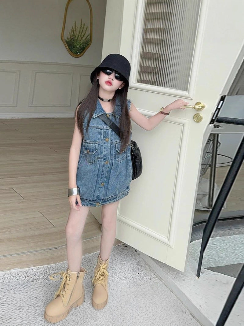 [5071179] - Baju Vest Dress Lengan Kutung Version Korean Style Anak Perempuan Cewek - Motif Denim - BABYHOKI STORE