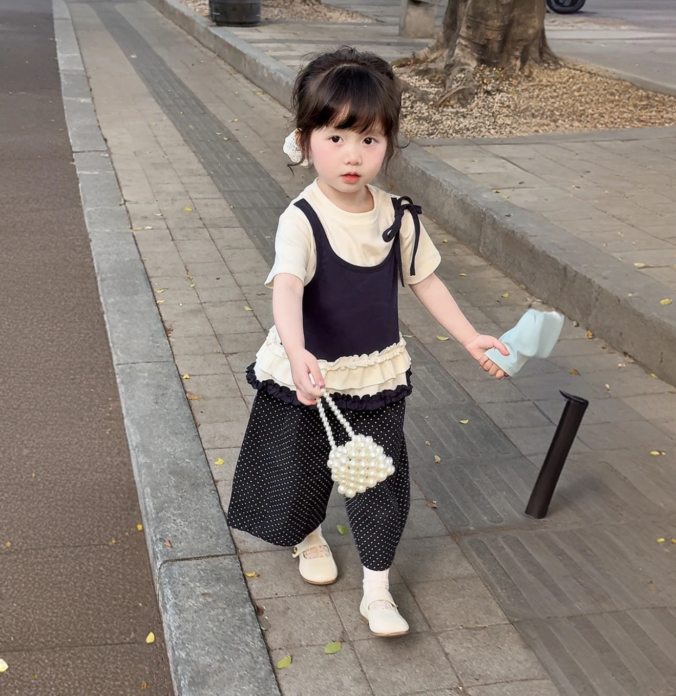 [5071143] - One Set 2in1 Baju Setelan Summer Suit Atasan Lengan Pendek Bawahan Celana Panjang Polka Korean Version Style Anak Perempuan Cewek - Motif Polka Lace - BABYHOKI STORE