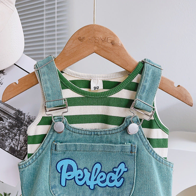 [963174] - One Set 3n1 Baju Setelan Atasan Lengan Kutung Vest Denim Bawahan Rok Pendek Korean Fashion Style Anak Perempuan Cewek - Motif Denim Alphabet - BABYHOKI STORE - BABYHOKI STORE