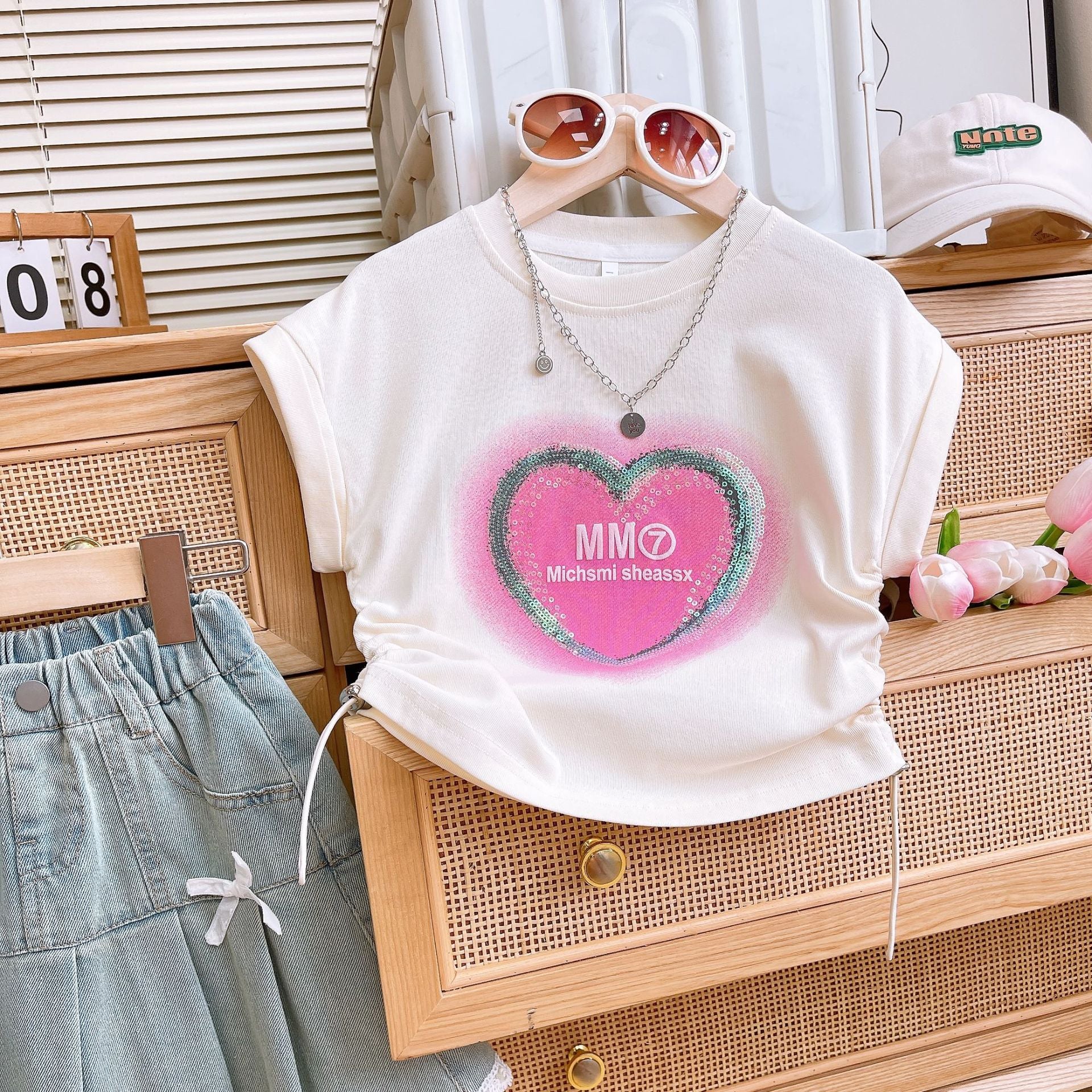 [363765] - Oneset 2in1 Denim Daily Wear Setelan Baju Lengan Pendek Bawahan Rok Pendek Fashion Anak Perempuan Cewek - Motif Heart Letter