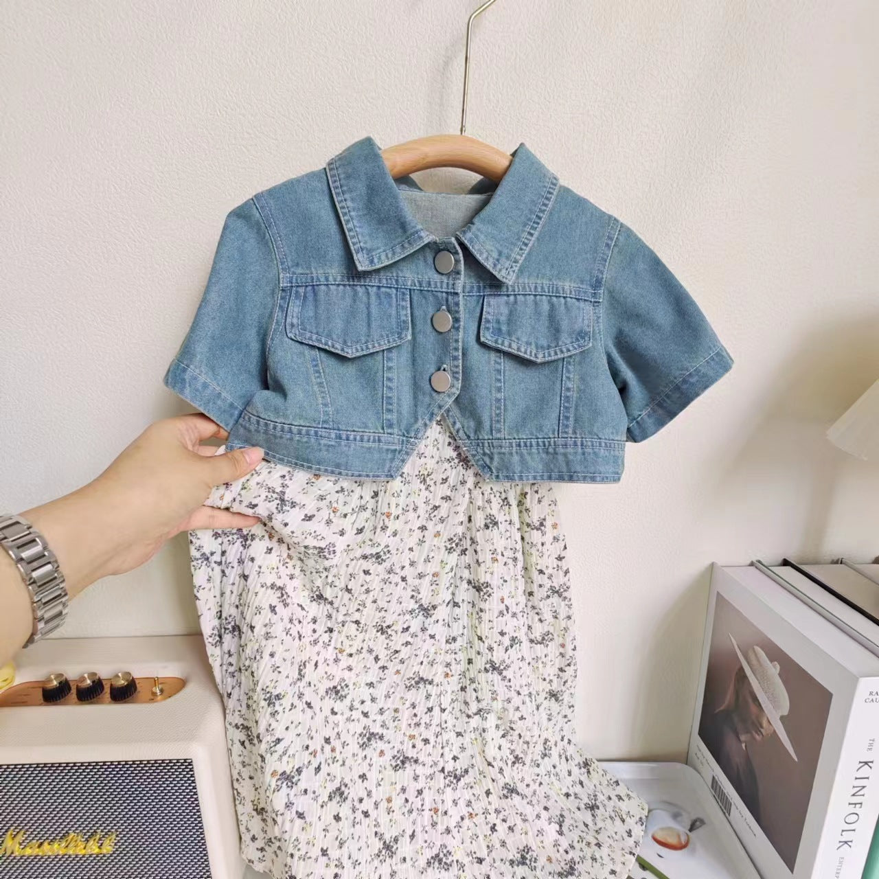 [363680] - Baju Setelan Jaket Jeans Crop Inner Dress Fashion Anak Perempuan - Motif Edge Flower
