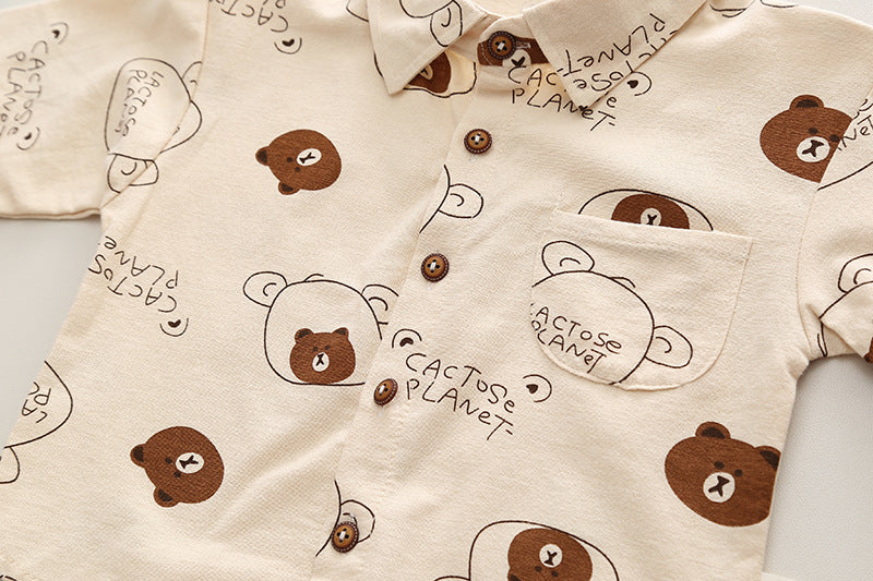 [345512] - One Set 2in1 Baju Setelan Casual Atasan Kemeja Lengan Panjang Bawahan Celana Panjang Jeans Fashionable Anak Laki Laki Cowok - Motif Bear Brown - BABYHOKI STORE - BABYHOKI STORE