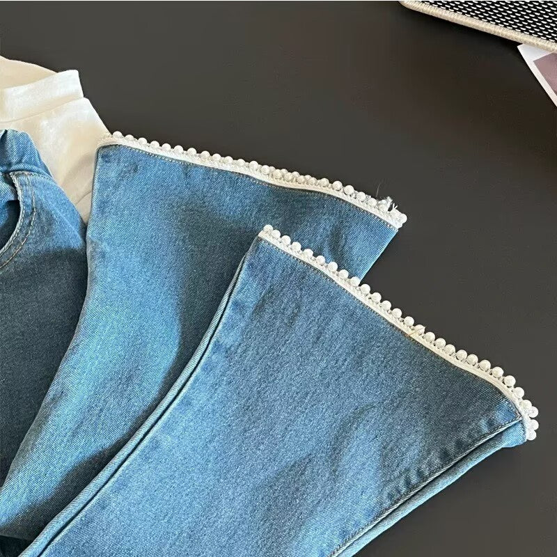 [5071161] - Bawahan Celana Jeans Cutbray Korean Version Style Anak Perempuan Cewek - Motif Lace Bottom - BABYHOKI STORE