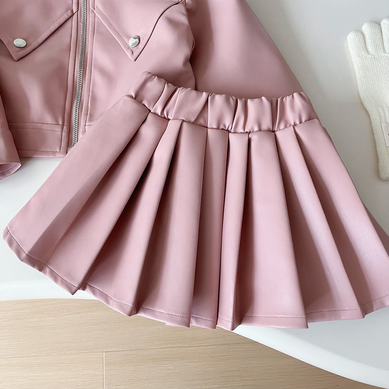 [963155] - One Set 2in1 Baju Setelan Jaket Leather Lengan Panjang Bawahan Rok Pendek Plisket Korean Version Style Anak Perempuan Cewek - Motif Basic Solid Color - BABYHOKI STORE - BABYHOKI STORE