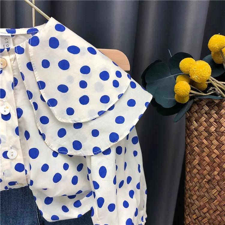 [363787] - Oneset Mewah Setelan Baju Blouse Lengan Panjang Celana Jeans Panjang Fashion Anak Perempuan Cewek - Motif Polka Denim