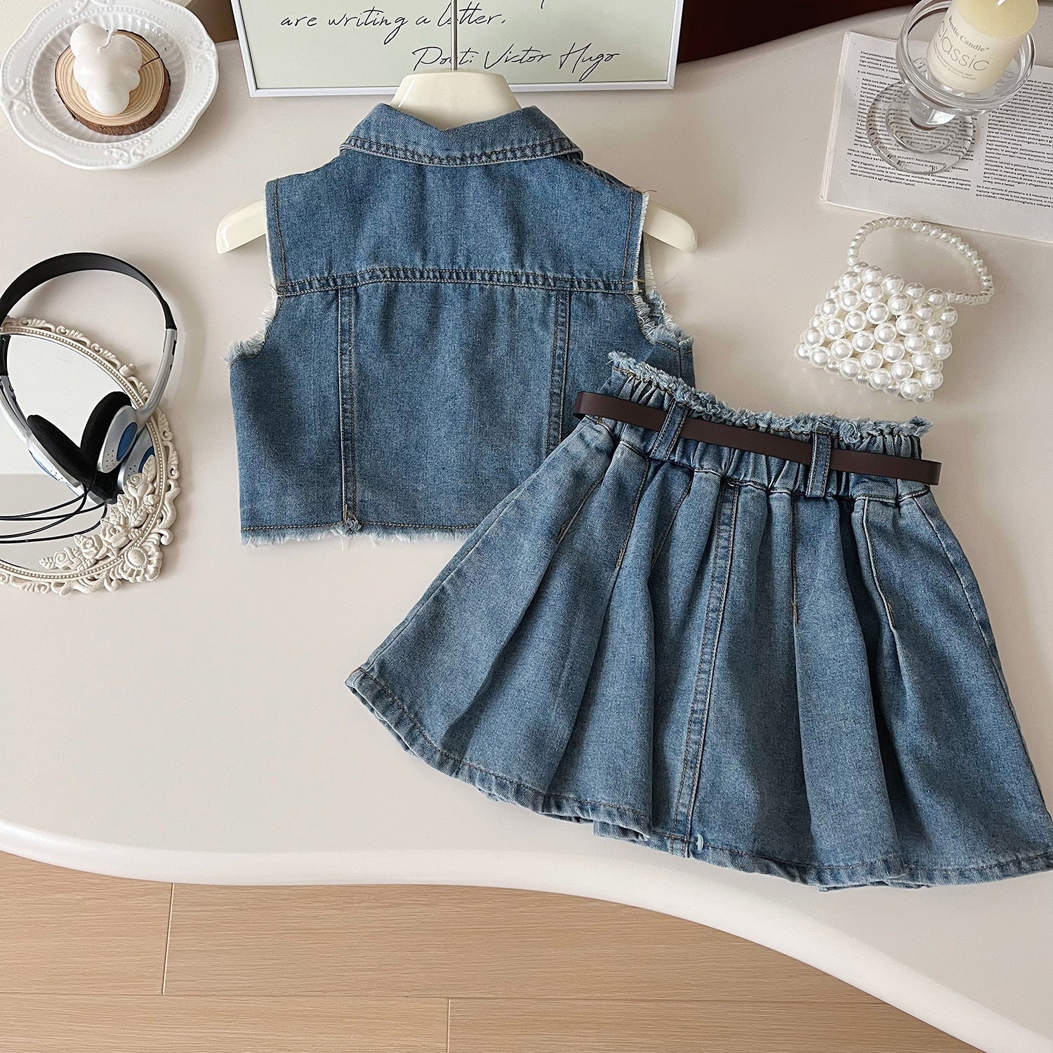 [363921] - One Set 2n1 Baju Setelan Atasan Rompi Denim Lengan Kutung Jeans Bawahan Celana Rok Denim Fashion Anak Cewek Perempuan - Motif Denim Pocket - BABYHOKI STORE