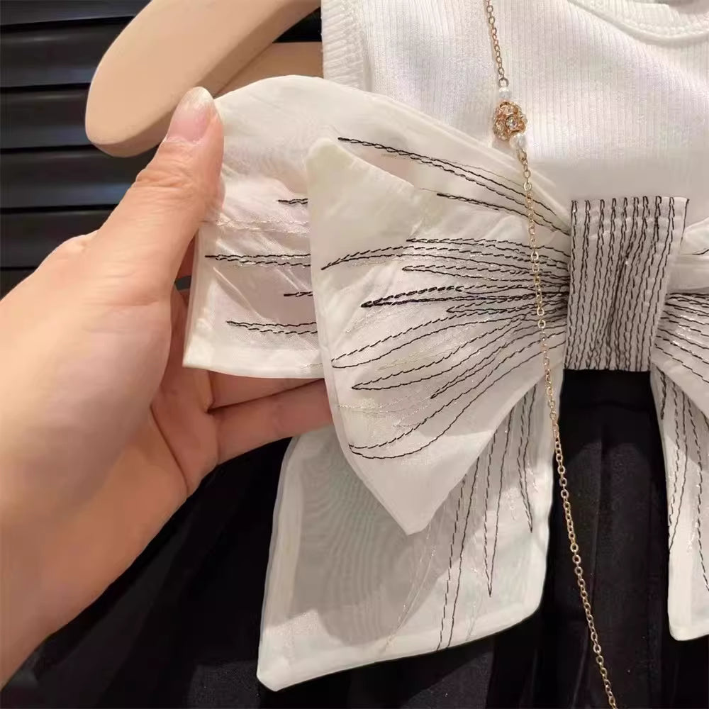 [963263] - One Set 2in1 Baju Setelan Atasan Kaos Lengan Kutung Bawahan Celana Rok Pendek Korean Style Anak Perempuan Cewek - Motif Big Bow - BABYHOKI STORE