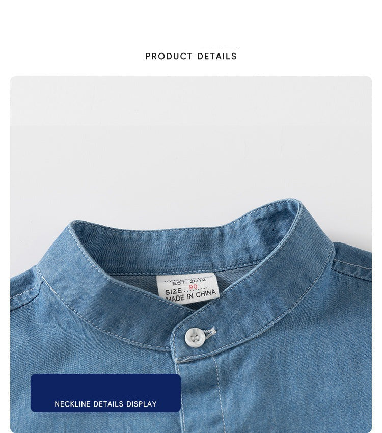[5131086] - Baju Kemeja Koko Denim Lengan Panjang Fashion Anak Laki-Laki - Motif Pouch Shape