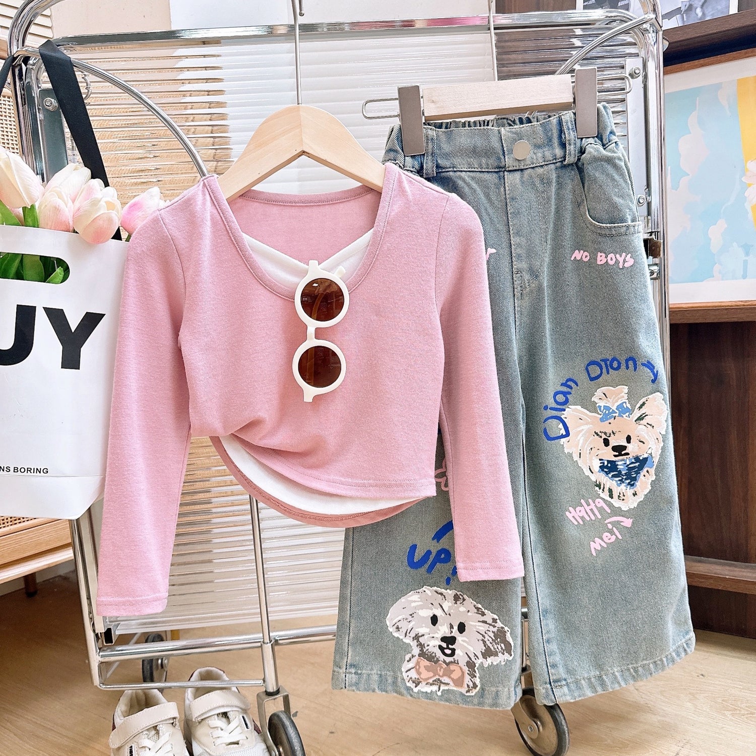 [363815] - Setelan Baju Lengan Panjang Celana Panjang Jeans Fashion Anak Perempuan - Motif Funny Animal Faces