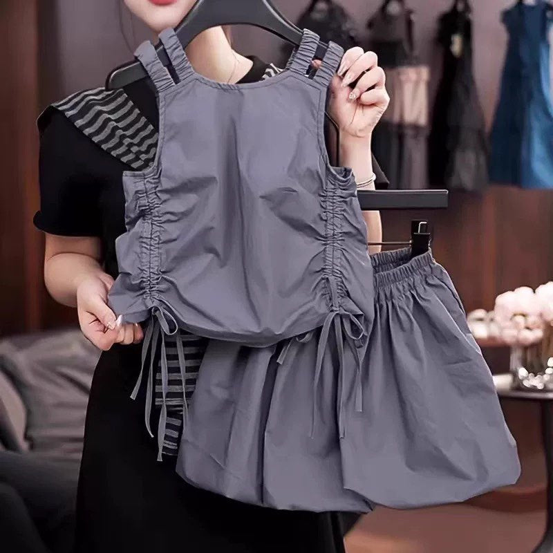 [5071183] - One Set 2in1 Baju Setelan Atasan Lengan Kutung Bawahan Rok Pendek Korean Version Style Anak Perempuan Cewek - Motif Basic Color Gray - BABYHOKI STORE