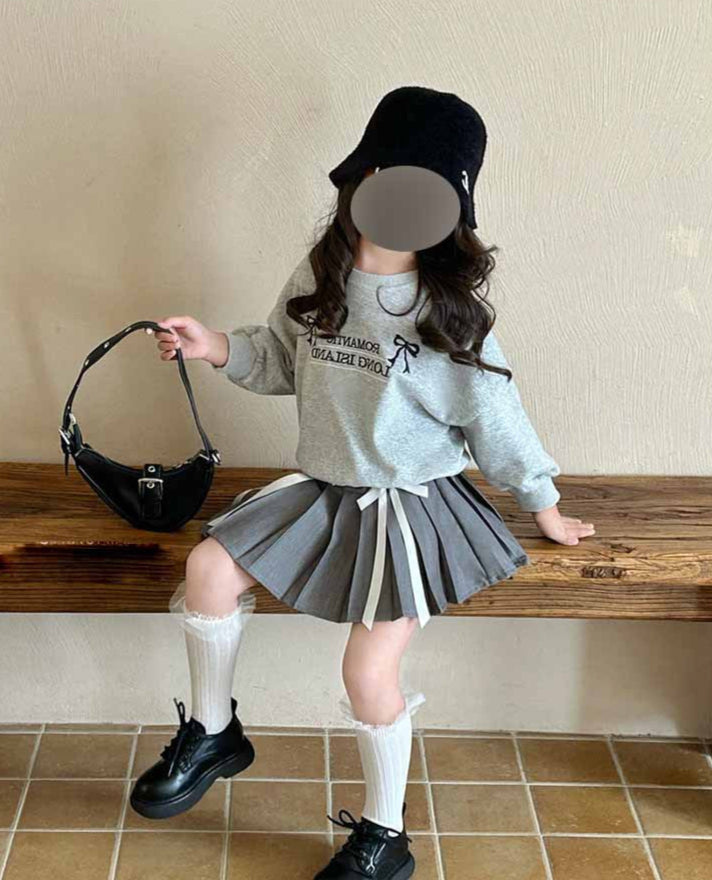 [5071056] - Setelan Baju Sweater Bawahan Rok Pendek Fashion Anak Perempuan - Motif Letter Ribbon