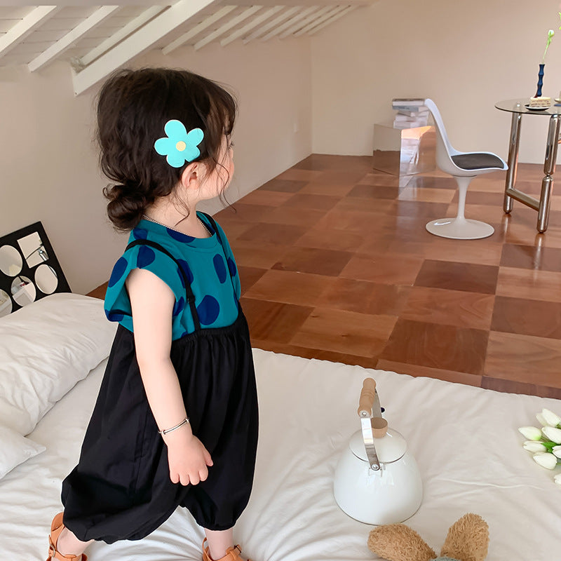 [507S1142] - Setelan Baju Kutung Overall Panjang Fashion Anak Perempuan - Motif Big Polkadot