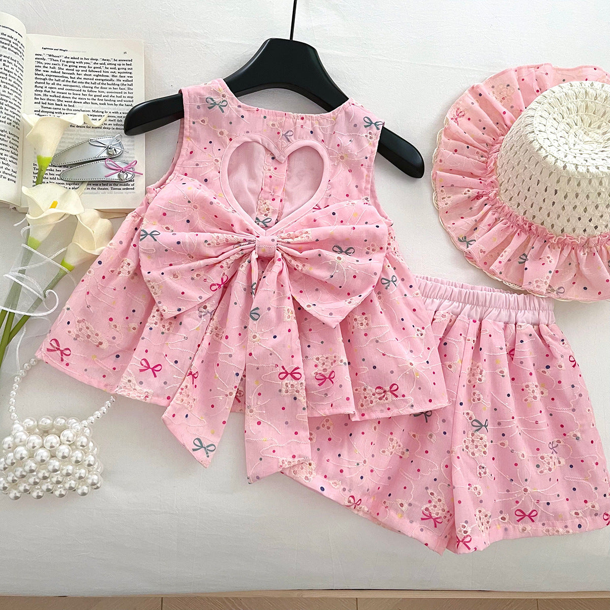 [963165] - One Set 2in1 Baju Setelan Atasan Lengan Kutung Bawahan Celana Pendek Korean Style Anak Perempuan Cewek - Motif Little Bow - BABYHOKI STORE - BABYHOKI STORE
