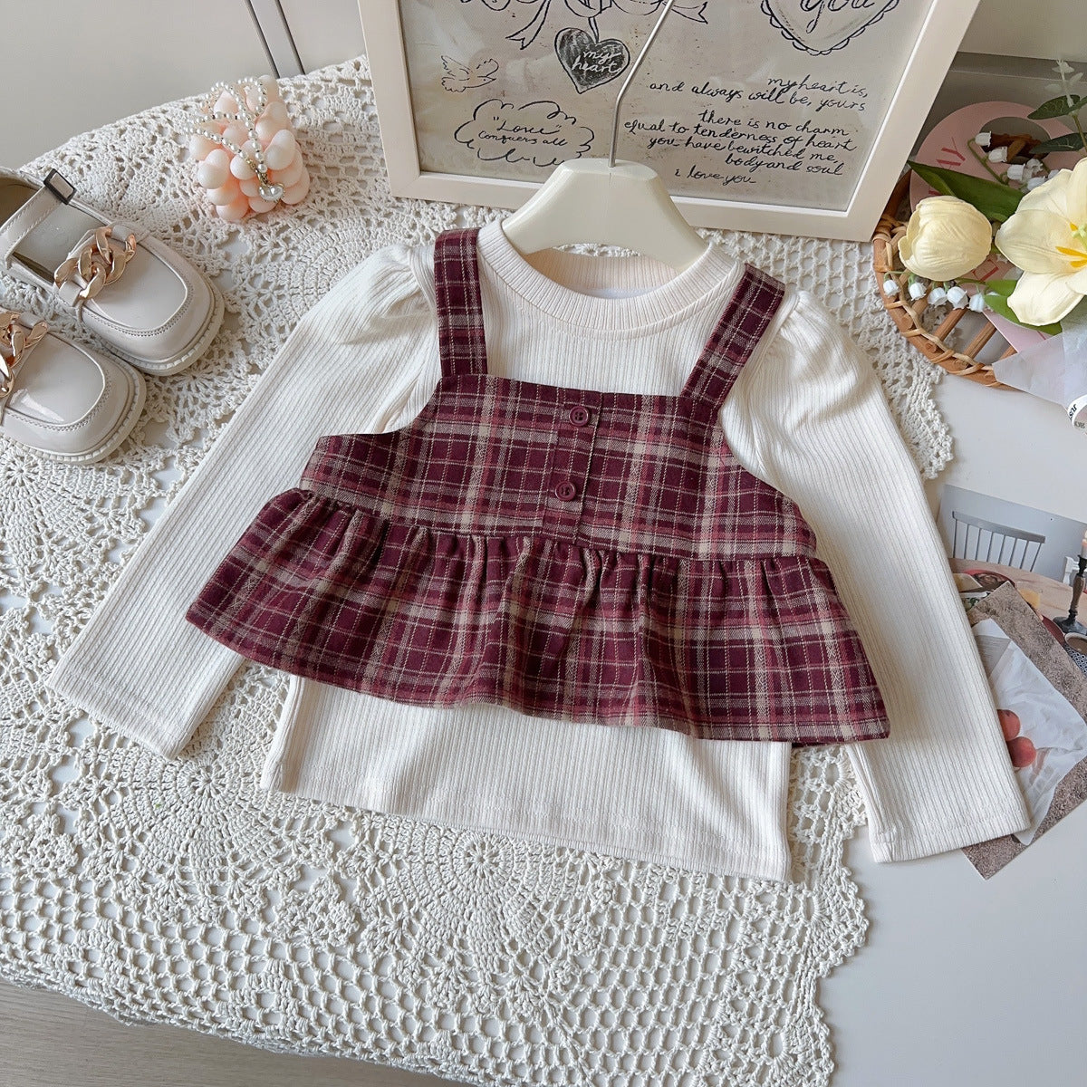 [963151] - One Set 3in1 Baju Setelan Atasan Lengan Panjang Vest Kutung Plaid Bawahan Celana Panjang Kulot British Version Style Anak Perempuan Cewek - Motif Plaid Sweet - BABYHOKI STORE - BABYHOKI STORE