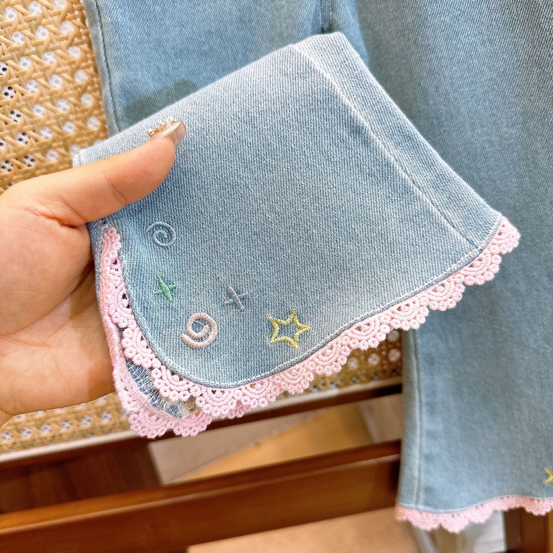 [363778] - Setelan One Set Shabby Baju Blouse Lengan Panjang Celana Jeans Tipis Panjang Fashion Anak Perempuan - Motif Star Flowers