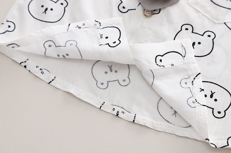 [345414] - Baju Setelan Kemeja Lengan Pendek Celana Pendek Anak Cowok Fashion - Motif Bear Face