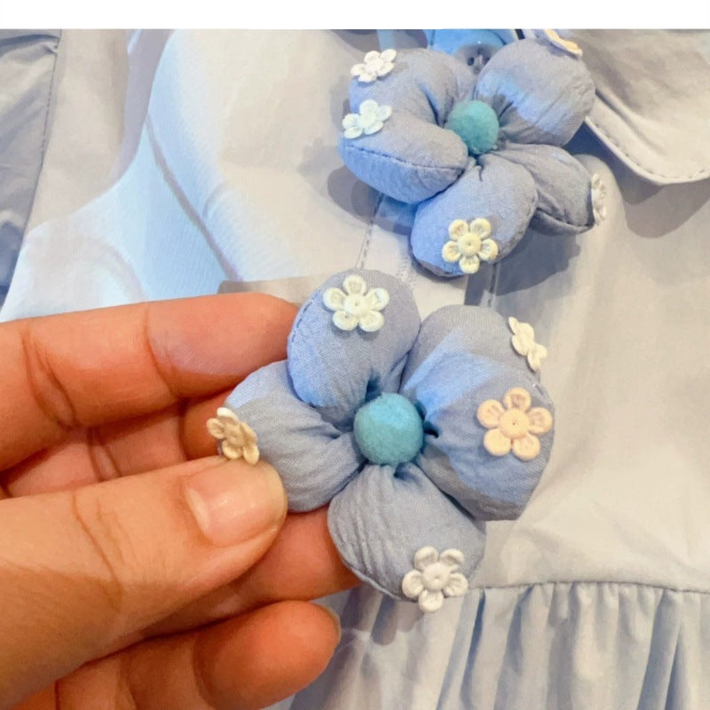 [363948] - Baju Dress Gaun Blue Lengan Panjang Fashion Anak Perempuan Cewek - Motif Cute 3D Flower - BABYHOKI STORE - BABYHOKI STORE