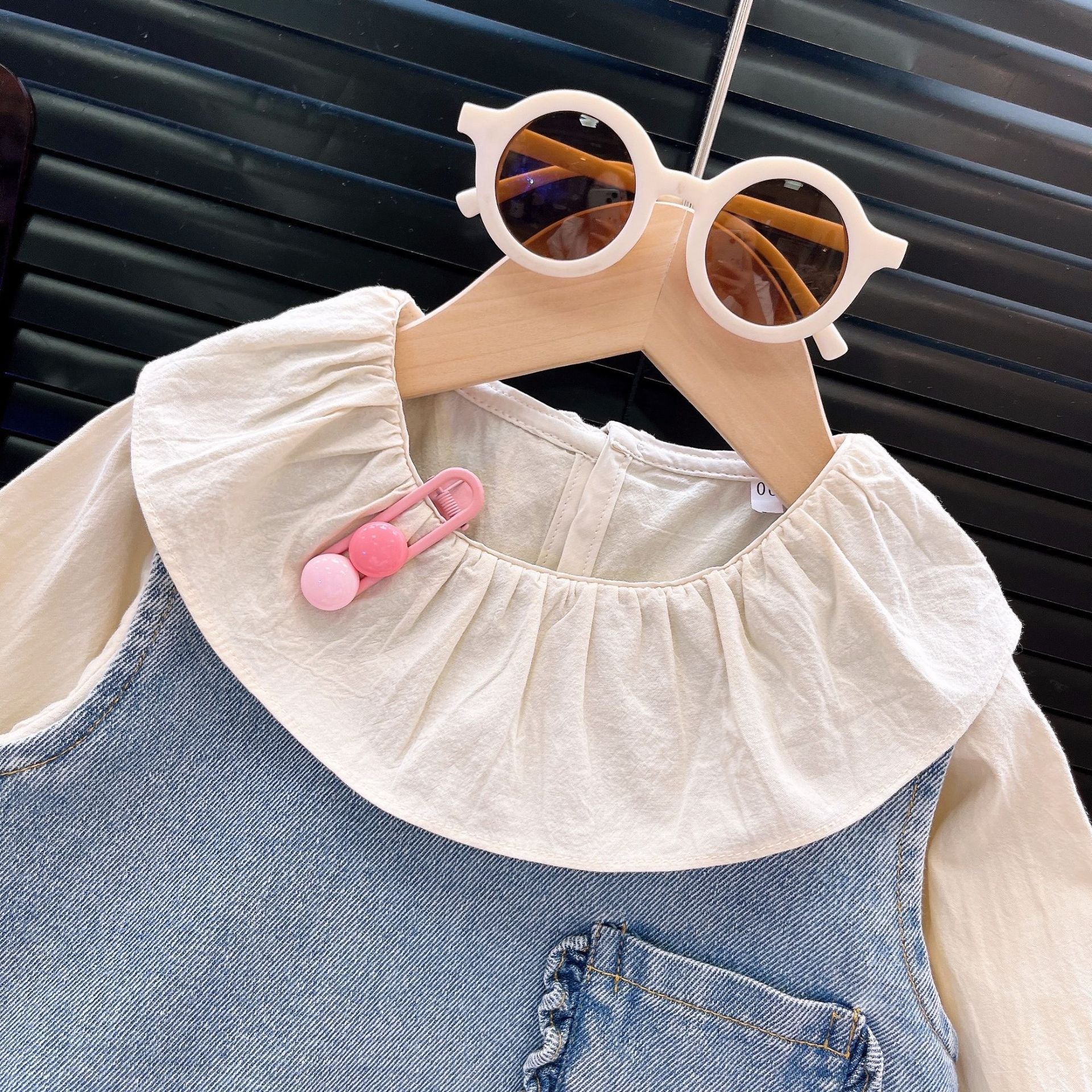 [363911] - One Set 3in1 Baju Setelan Atasan Blouse Renda Lengan Panjang Vest Rompi Denim Bawahan Celana Panjang Kulot Denim Fashion Anak Cewek Perempuan - Motif Vest Denim pocket - BABYHOKI STORE - BABYHOKI STORE