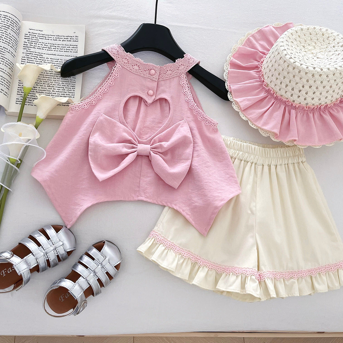 [963106] - One Set 2in1 Baju Setelan Atasan Blouse Lengan Kutung Bawahan Celana Pendek Ruffled Fashion Comfortable Anak Perempuan Cewek - Motif Lace Neck - BABYHOKI STORE
