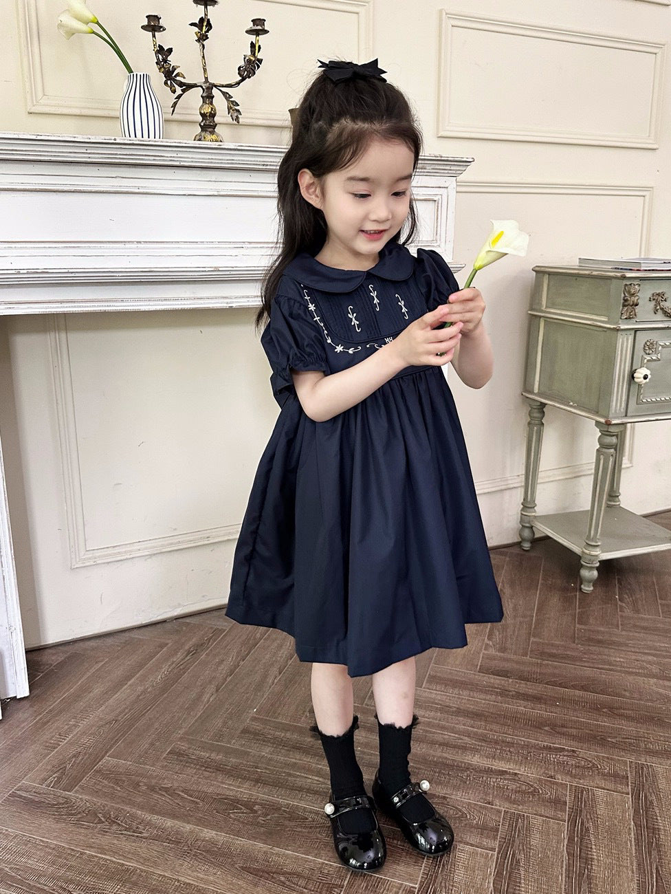 [5071074] - Baju Dress Gaun Vintage Lengan Pendek Fashion Anak Perempuan Cewek - Motif Colour Basic Navy - BABYHOKI STORE