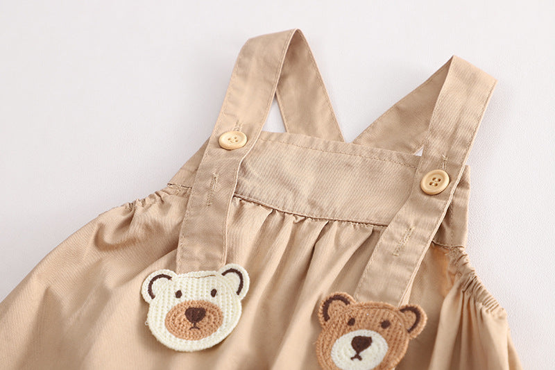 [345465] Setelan Baju Kaos Bawahan Overall Rok Anak Perempuan Fashion - Motif Bear Button