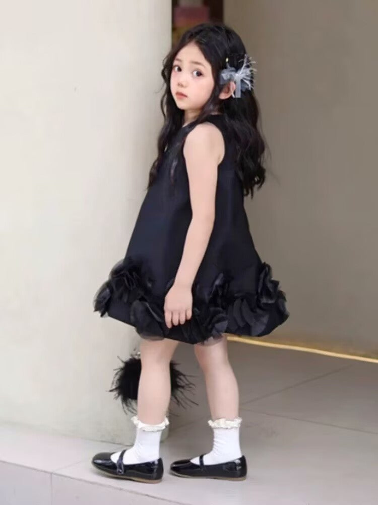 [5071134] - Baju Gaun Dress Elegant Lengan Kutung Fashion Style Anak Perempuan Cewek - Motif Solid Black Color - BABYHOKI STORE