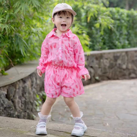 [363709] - One Set Korea Anak Cewek Baju Setelan Kemeja Panjang Celana Pendek Fashion Anak Cewek - Motif Faint Scene