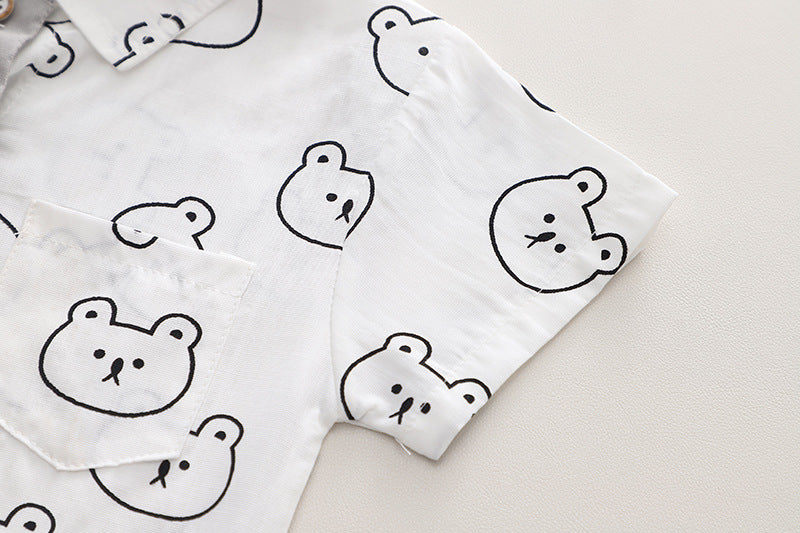[345414] - Baju Setelan Kemeja Lengan Pendek Celana Pendek Anak Cowok Fashion - Motif Bear Face