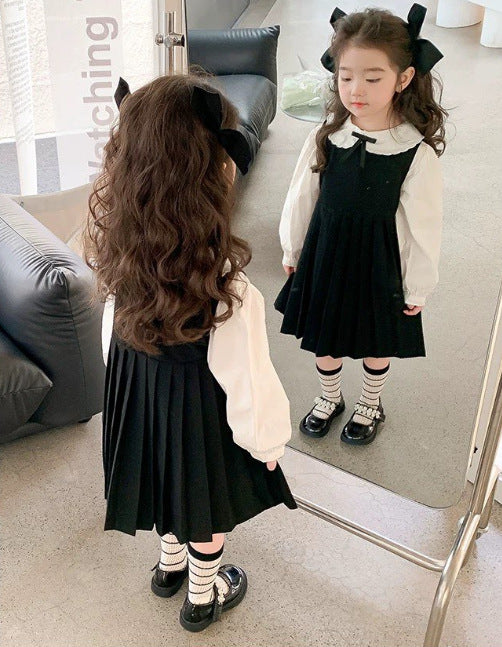 [5071180] - One Set 2in1 Baju Setelan Dress Atasan Lengan Panjang Korean Version Style Anak Perempuan Cewek - Motif Collar With Ribbon - BABYHOKI STORE