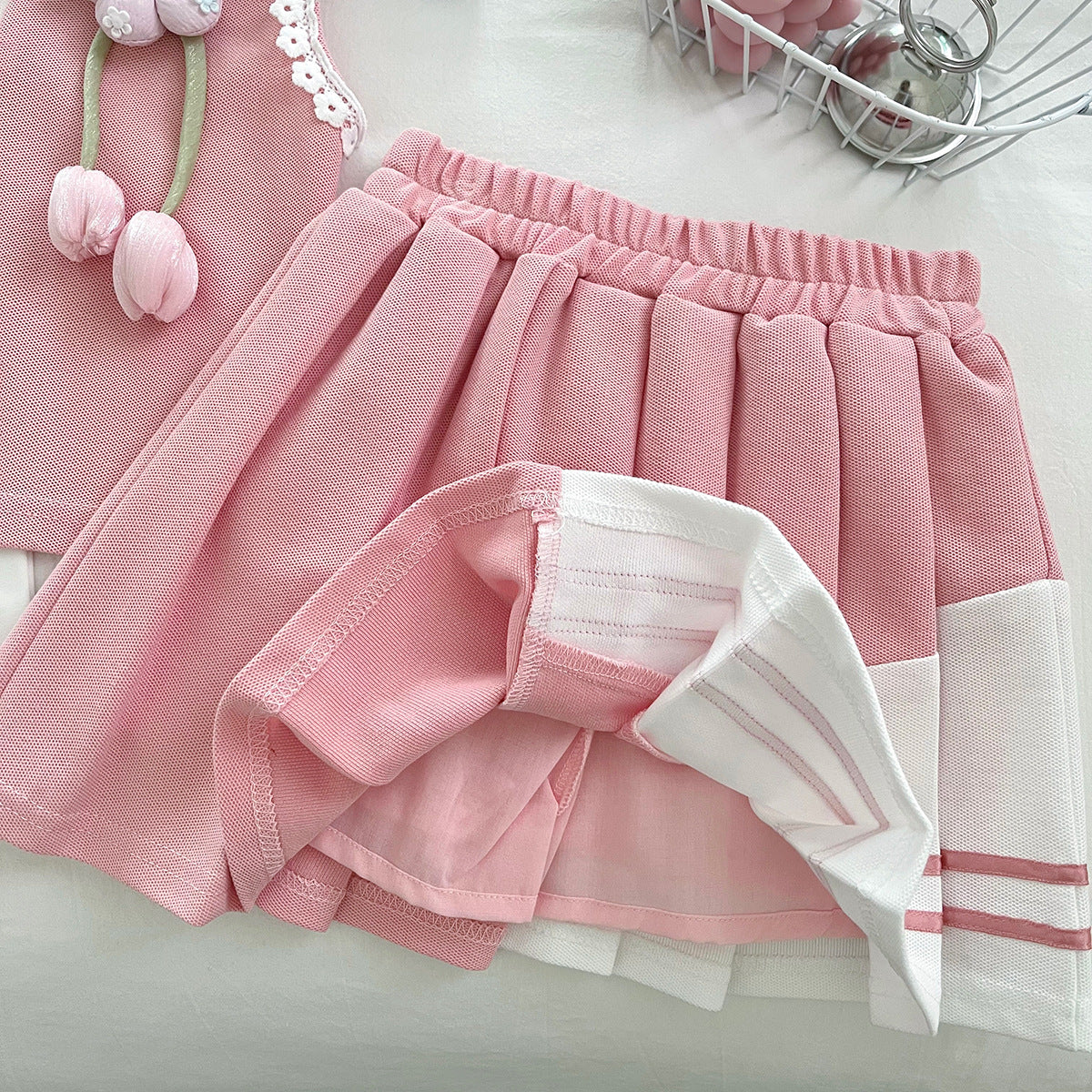 [963184] - One Set 2in1 Baju Setelan Atasan Bekerah Lengan Kutung Bawahan Celana Rok Pendek Plisket Korean Version Style Anak Perempuan Cewek - Motif Tulips - BABYHOKI STORE - BABYHOKI STORE