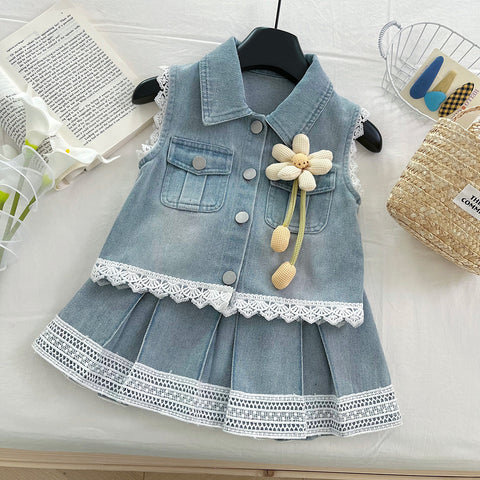 [363844] - One Set 2in1 Baju Setelan Atasan Rompi Lengan Kutung Bawahan Rok Mini Plisket Fashion Anak Perempuan - Motif Lace Flower - BABYHOKI STORE