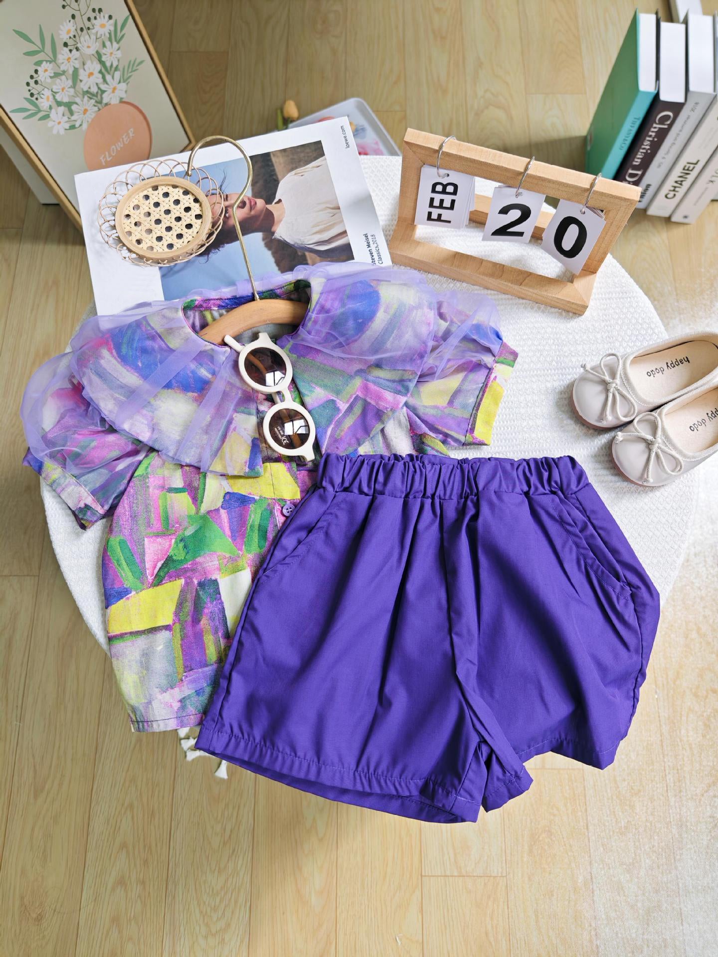 [363733] - Baju Setelan Blouse Lengan Pendek Celana Pendek Fashion Anak Perempuan - Motif Abstract Geometry
