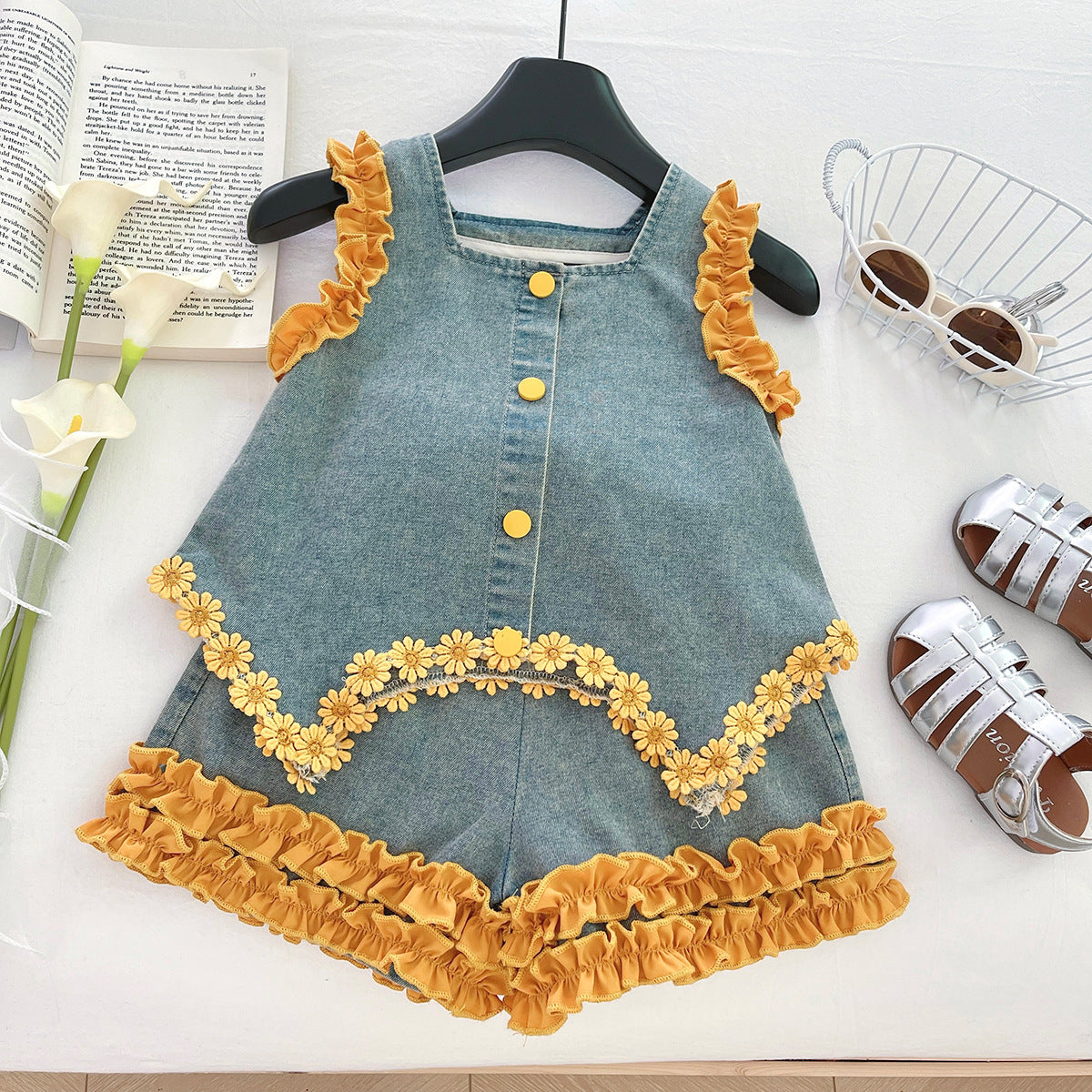 [963162] - One Set 2in1 Baju Setelan Atasan Lengan Kutung Bawahan Celana Pendek Korean Version Style  Anak Perempuan Cewek - Motif Bow Yellow Flower  - BABYHOKI STORE - BABYHOKI STORE