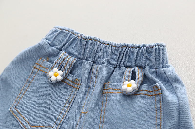 [340373] - Baju Setelan Blouse Celana Jeans Fashion Anak Perempuan - Motif Flower Brooch