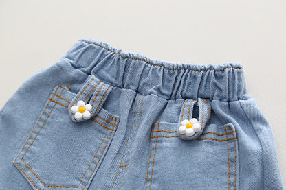 [340373] - Baju Setelan Blouse Celana Jeans Fashion Import Anak Perempuan - Motif Flower Brooch