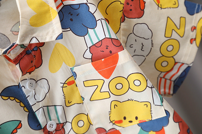 [345463] - Baju Setelan Kemeja Lengan Pendek Celana Panjang Anak Cowok Fashion- Motif Cute Animal