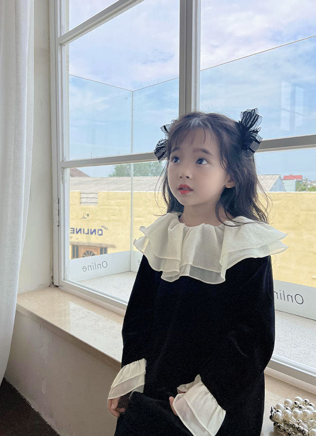 [507S1101] - Baju Dress Lengan Panjang Fashion Anak Perempuan - Motif Neck Ruffled