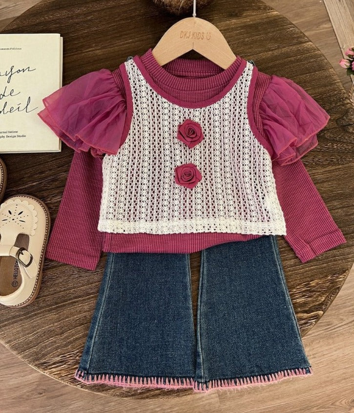 [363705] - Oneset 3in1 Anak Cewek Korea Setelan Baju Lengan Balon Rompi Rajut Celana Jeans Fashion Anak Cewek - Motif Knit Bloom