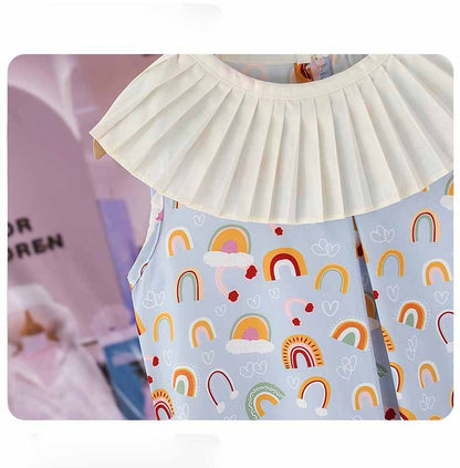 [507983] - Baju Dress Kerah Renda Fashion Anak Perempuan - Motif Rainbow Clouds