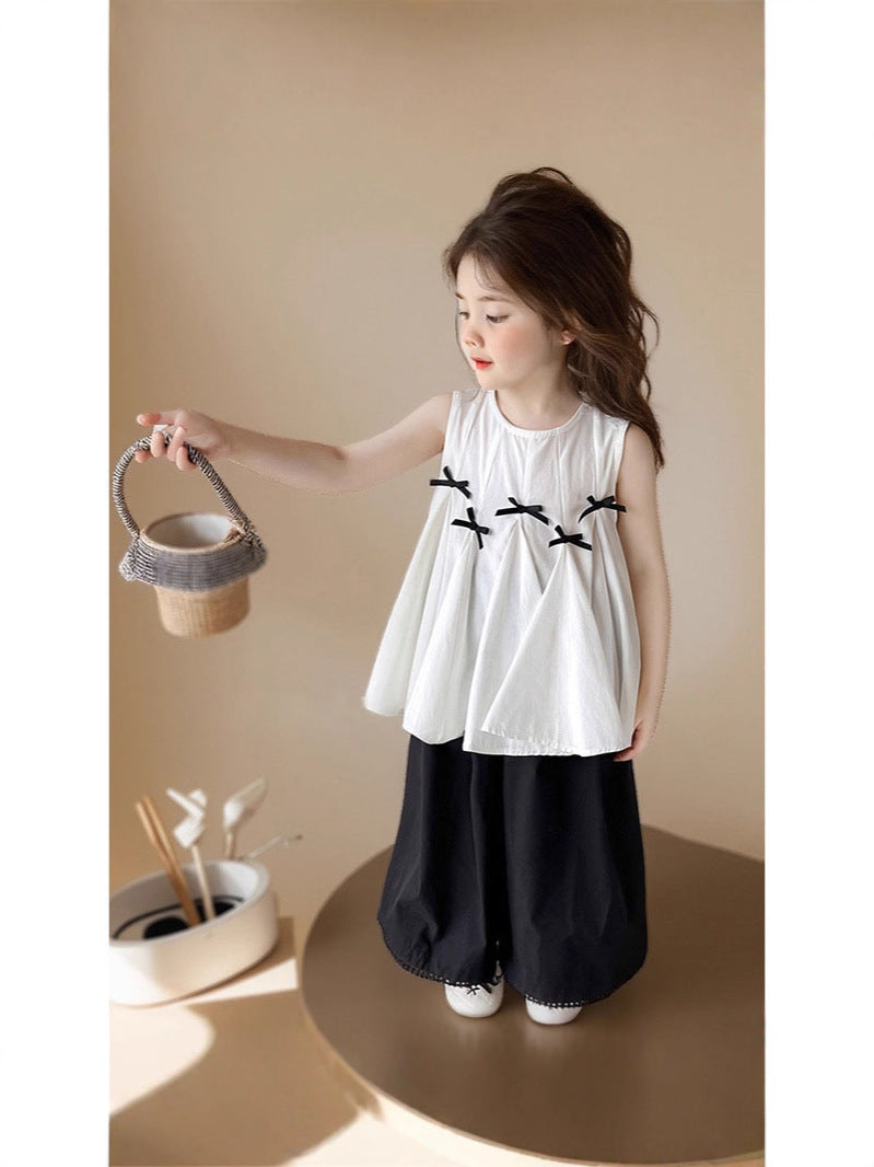 [5071079] - Baju Setelan Atasan Putih Lengan Kutung Bawahan Celana Panjang Hitam Fashion Anak Perempuan Cewek - Motif Black Bow - BABYHOKI STORE