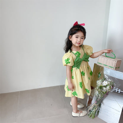 [507S157] - Baju Dress Lengan Pendek Fashion Anak Perempuan - Motif Ribbon Clover